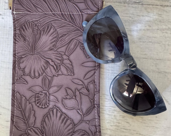 Paniola Collection: Eggplant - Floral Embossed Vinyl Hawaiian Print Eyeglass Case