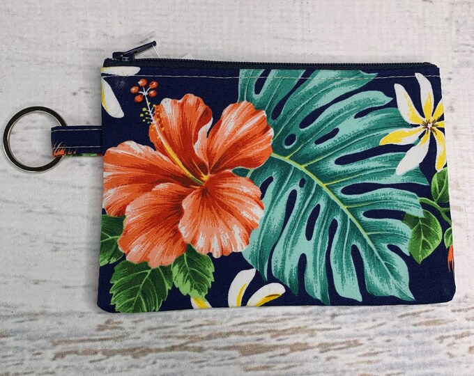 Blue Hawaiian Hibiscus - Hawaiian Print - Aloha - Coin Purse - Keychain - Wallet - Key Fob - Key Ring - MCM - MidCentury Modern