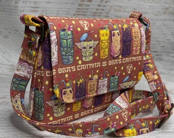 Space Cantina - Brown - Mini Crossbody or Shoulder Strap - Flap Closure - Adjustable Strap - Canvas - Purse - Handbag - Tiki Mugs