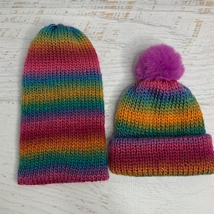 Knit Hat - Brilliant Rainbow - toque - beanie - adult - toddler - Bright Rainbow Colors - ROYGBV - with or without Pom Pom