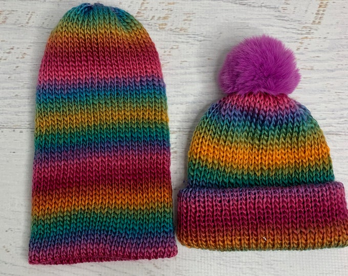 Knit Hat - Brilliant Rainbow - toque - beanie - adult - toddler - Bright Rainbow Colors - ROYGBV - with or without Pom Pom