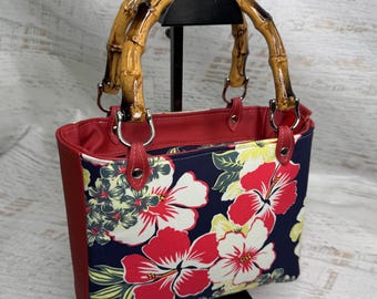 Red White Hibiscus Aloha Print - Vinyl & Cotton Handbag with Bamboo Handles and Crossbody Strap