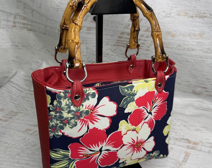 Red White Hibiscus on Navy - Top Handled Handbag - Crossbody Purse - Zipper Closure with Charm - Hawaiian Aloha Print - Vintage Fabric Vinyl