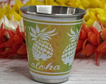Vintage Stainless Steel Shot Glass - Pineapple Aloha - Tiki Bar - 2 Ounce - Made in 2002