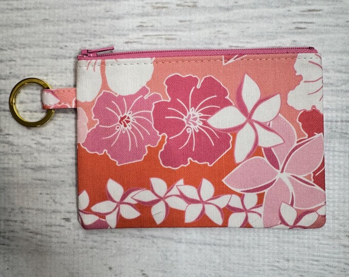 Orange Pink Hawaiian - Cotton Canvas Coin Purse - Keychain - Wallet - Key Fob - Key Ring - Aloha - plumeria - frangipani - hibiscus
