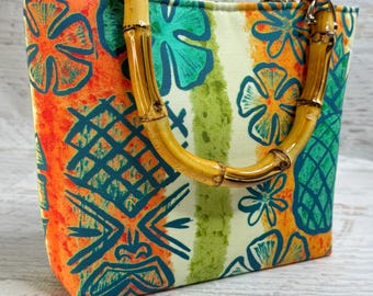 Vintage Maui by Woodyworld - SMALL Canvas Tote Bag with Bamboo Handles and Crossbody Strap