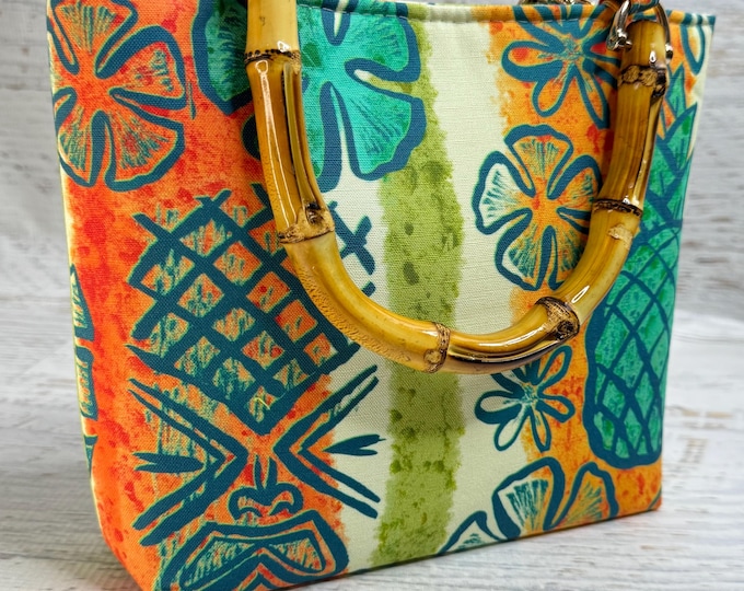 Vintage Maui by Woodyworld - SMALL Canvas Tote Bag with Bamboo Handles and Crossbody Strap
