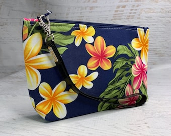 Navy Plumeria Leis - Hawaiian Aloha Print - Clutch - Zipper Pouch - Wristlet - Retro Hawaiian Print - Travel Bag - Nightclub