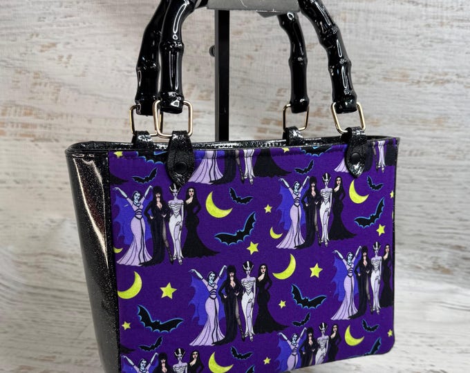 Ghoul Friends: Ladies of Horror - Top Handled Handbag or Crossbody Purse with Zipper Charm Closure - Canvas and Vinyl