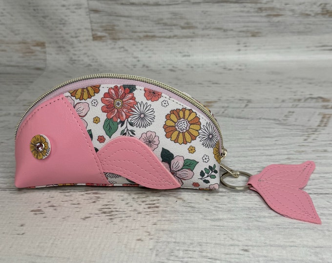 Fish Pouch - Pink Wildflowers -  Zipper Pouch - Keychain - Make Up Bag - Zipper Clutch - Novelty - Vinyl - Vegan Leather