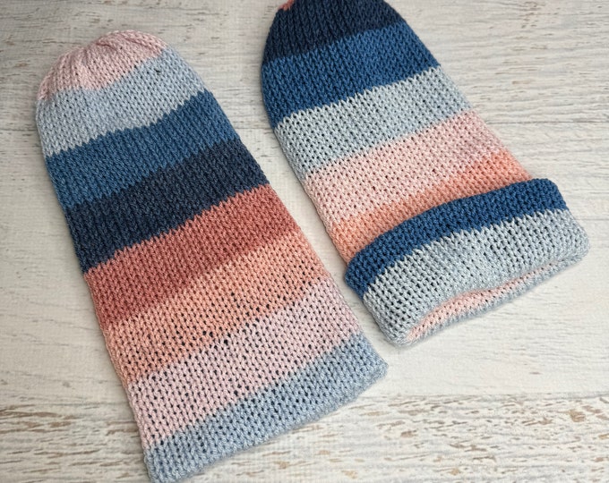 Knit Hat - Desert Stripes - toque - beanie - stocking cap - adult - toddler - Blues Peach Pinks - with or without Pom Pom