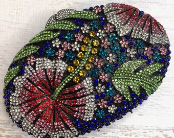 Rhinestone Clutch | Red Hibiscus on Black Background | Evening Bag | Tiki Purse