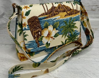 Tiki Islands - Mini Crossbody or Shoulder Strap - Flap Closure - Adjustable Strap - Purse - Handbag - MCM - Aloha Print