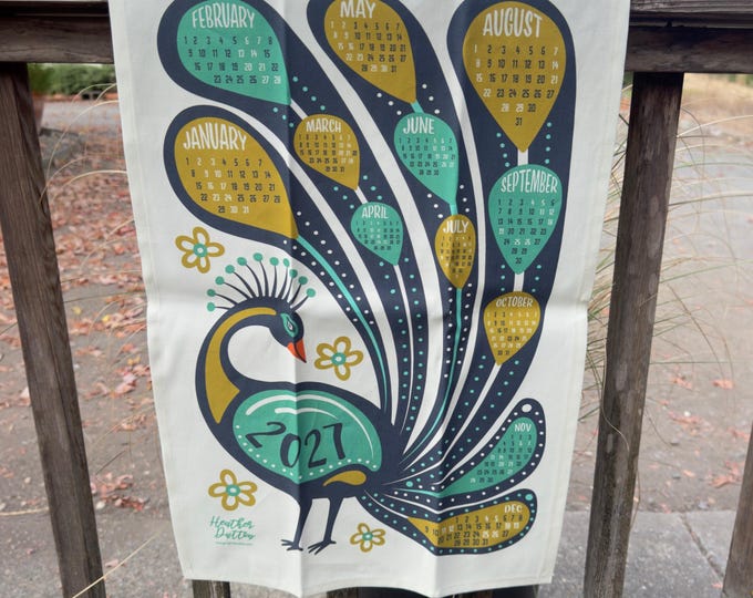 Mid Century Modern Peacock | 2027 Calendar | Tea Towel | Bar Towel | Linen Cotton Canvas