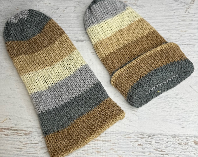 Knit Hat - Mountain Stripes - toque - beanie - stocking cap - adult - toddler - Camel Tan Grays Cream - with or without Pom Pom