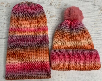 Knit Hat - Lollipop- toque - beanie - adult - toddler - Pink Orange Pink Mauve Peach - with or without Pom Pom