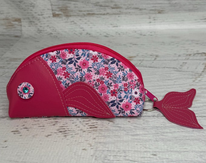 Fish Pouch - Blue and Pink Floral- Zipper Pouch - Keychain - Make Up Bag - Zipper Clutch - Novelty - Vinyl - Vegan Leather