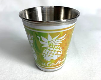 Vintage Stainless Steel Shot Glass - Pineapple Aloha - Tiki Bar - 2 Ounce - Made in 2002