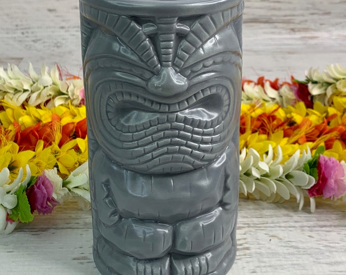 Vintage Tiki Mug - Health & Happiness Tiki - Gray - Ceramic - 18 Fluid Ounces - Made In 2000 - New In Box