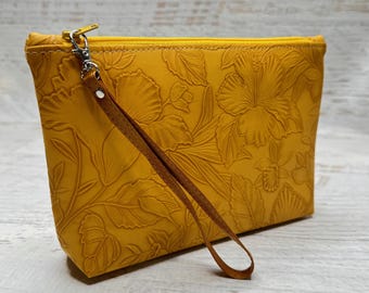 Paniola Collection: Marigold Floral Embossed Vinyl Hawaiian Print Clutch Wristlet