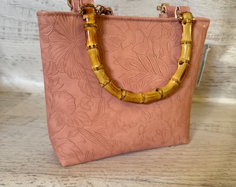 Paniola Collection: Pink | SMALL Embossed Hawaiian Print Vinyl Tote Bag with Bamboo Handles