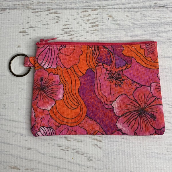 70s Retro Hawaiian - Cotton Canvas - Coin Purse - Keychain - Wallet - Key Fob - Key Ring - Aloha - plumeria - frangipani - hibiscus