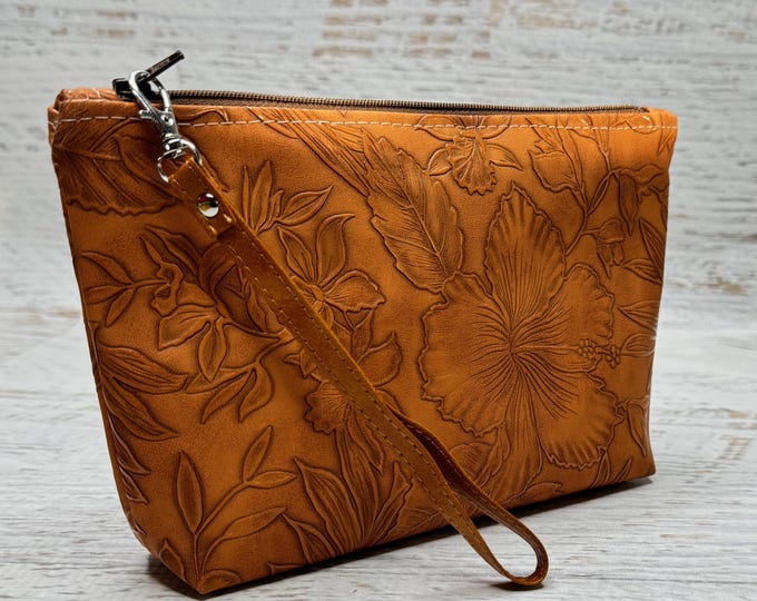Paniola Collection: Orange Floral Embossed Vinyl Hawaiian Print Clutch Wristlet
