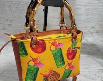 Tiki Cocktails - Vinyl & Canvas Handbag with Bamboo Handles and Crossbody Strap