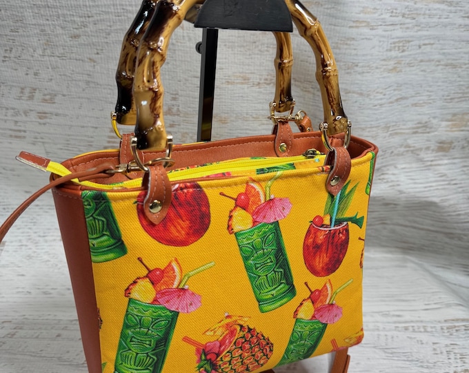Tiki Cocktails - Vinyl & Canvas Handbag with Bamboo Handles and Crossbody Strap