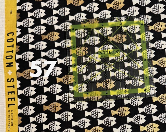 Hawaiian Fabrics - 57 - Spectacle - School of Fish Print - Cotton + Steele Fabrics - Cotton Print - Black - Metallic Gold - White - Japan
