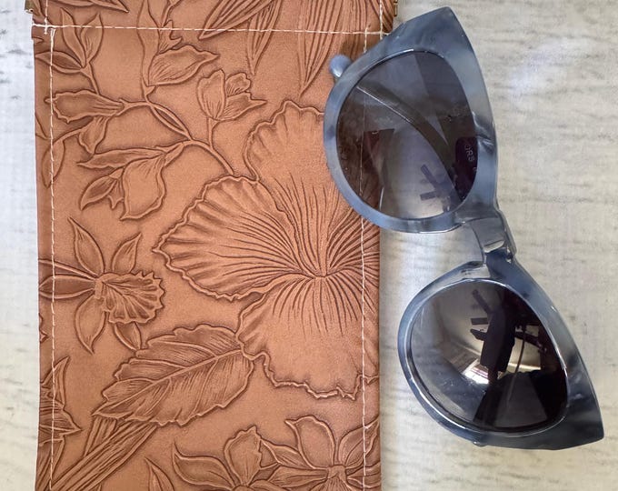 Paniola Collection: Light Brown - Floral Embossed Vinyl Hawaiian Print Eyeglass Case