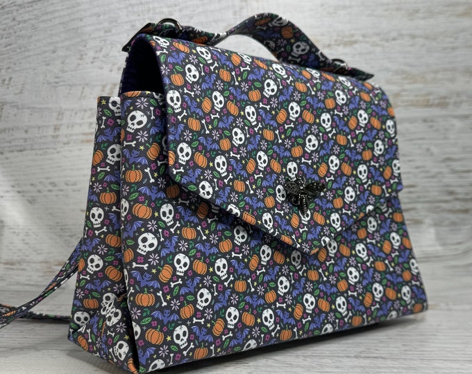 Skull Bones Bats & Pumpkins - Purse - Handbag - Crossbody - Pocketbook - Retro Vintage Inspired - Goth Purse - Halloween - Spooky
