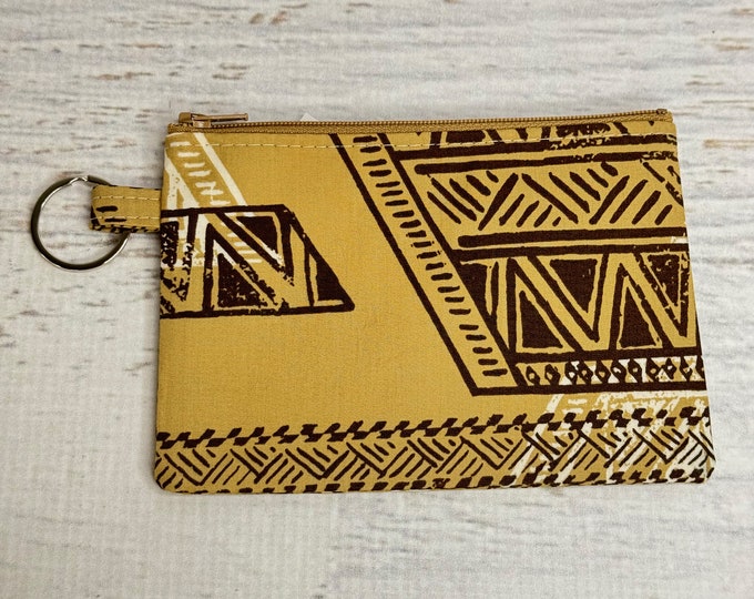 Tribal Tapa - Tan - Poly/Cotton - Coin Purse - Keychain - Wallet - Key Fob - Key Ring - Floral - Aloha Print - Hawaiian Print