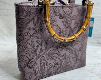 Paniola Collection: Eggplant - Embossed Hawaiian Print Vinyl Tote Bag with Bamboo Handles