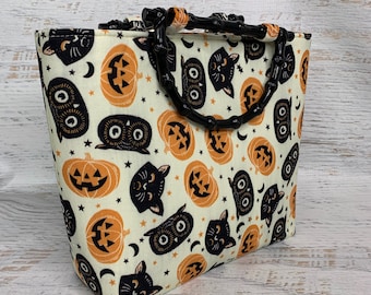 Vintage Halloween - Tote Bag - Purse - Handbag - Crossbody - Canvas - MCM - MidCentury -Pumpkin Black Cat Owl scary spoopy spooky goth