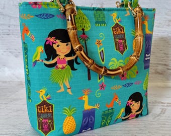 Wee are the World Tiki - SMALL Canvas Tote Bag with Bamboo Handles and Crossbody Strap