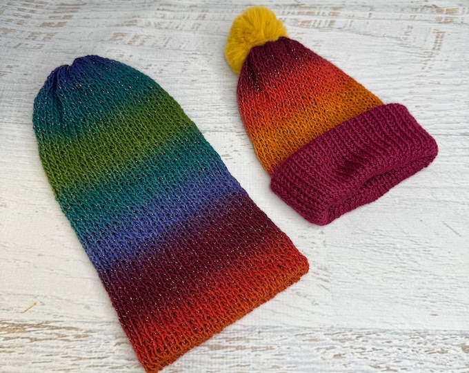 Knit Hat - Spectral Light - Glitter Stripes - toque - beanie - stocking cap - adult - toddler - Rainbow colors - with or without Pom Pom