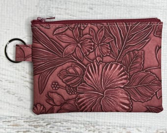 Paniola Collection: Wine Red Floral Embossed Vinyl Hawaiian Print Coin Purse Keychain
