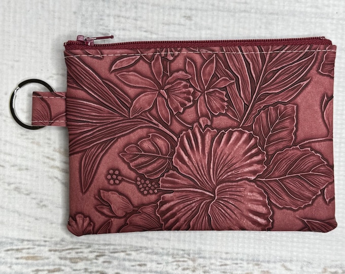 Paniola - Wine Red - Coin Purse - Keychain - Wallet - Key Fob - Key Ring - Floral - Aloha Print - Hawaiian Print - Vinyl