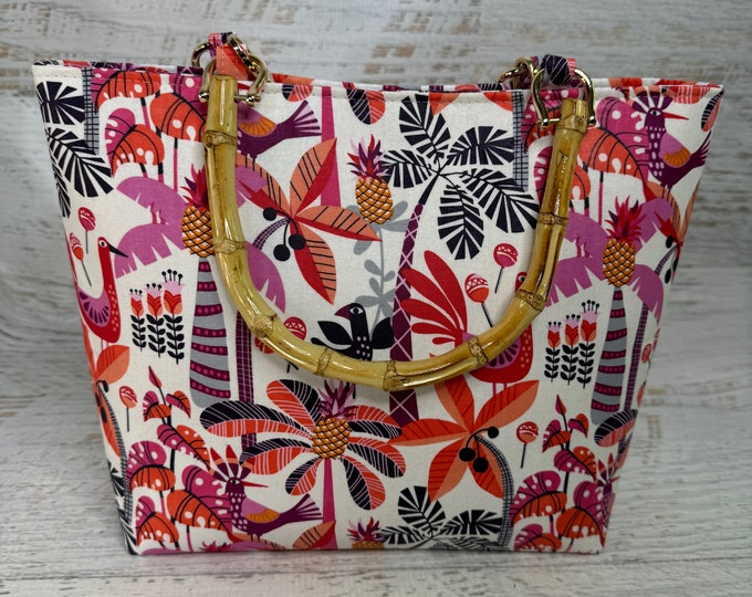 Caribbean Beat | Oilcloth Tote Bag with Bamboo Handles and Crossbody Strap