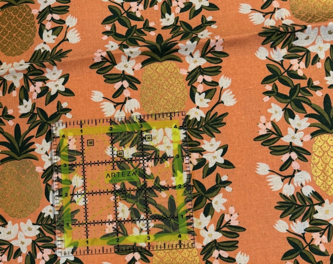 Hawaiian Fabrics - 63 - Hawaiian Aloha Print - Pineapples - Primavera Fabrics - Lightweight Canvas - Gold Metallic Ink - Japan - Peach