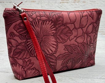 Paniola Collection: Wine Red Floral Embossed Vinyl Hawaiian Print Clutch Wristlet