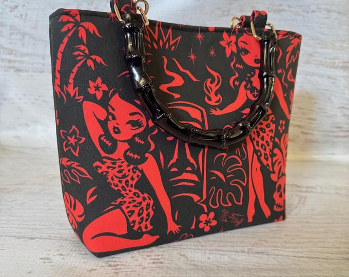 Miss Fluff - Tiki Temptress - SMALL Canvas Tote Bag with Bamboo Handles and Crossbody Strap