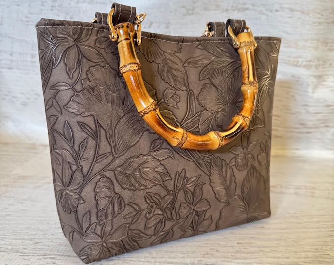 Paniola Collection: Cocoa - Embossed Hawaiian Print Vinyl Tote Bag with Bamboo Handles
