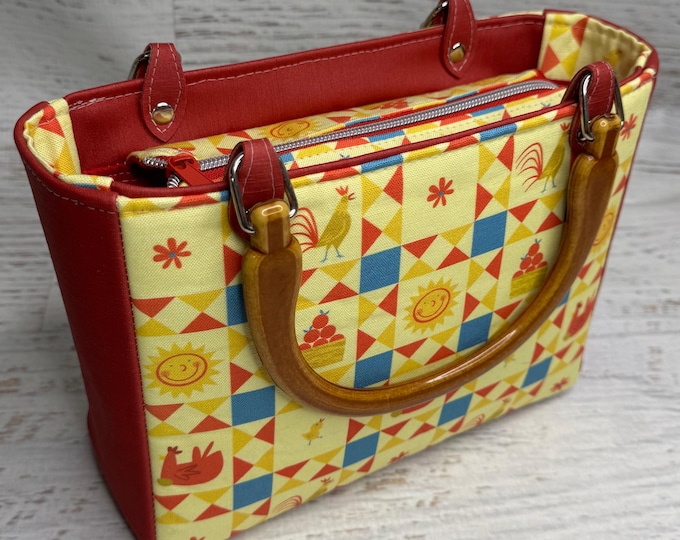 Country Comfort - Top Handled Handbag - Crossbody Purse - Zipper Closure with Charm - Farm Life - Chickens - Cowgirl
