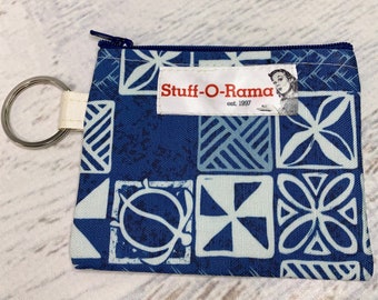 Blue Tapa Cloth - Cotton Canvas - Coin Purse - Keychain - Wallet - Key Fob - Key Ring - Aloha Print - Hawaiian Print