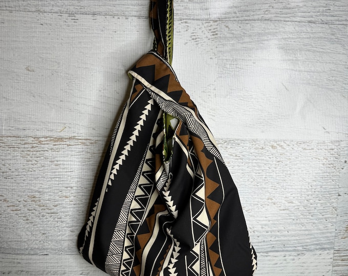 Tribal Tapa - Black Brown  Green - Reversible - Large Japanese Knot Bag - Shopping Tote - Farmers Market Bag - Cotton Tote - Reusable Bag
