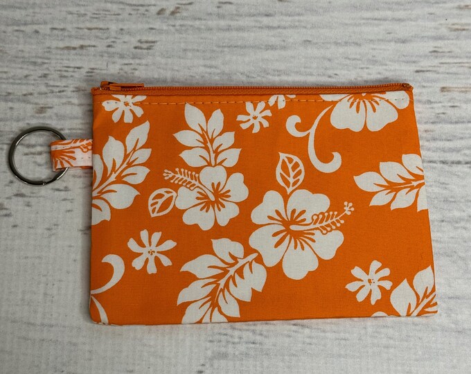 60s Hawaiian - Orange - Cotton - Coin Purse - Keychain - Wallet - Key Fob - Key Ring - Floral - Aloha Print - Hawaiian Print