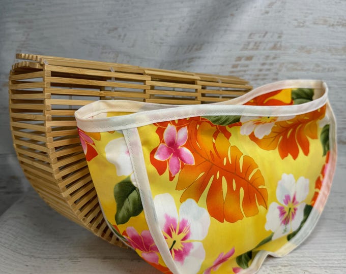 Bamboo Birdcage Purse with Hawaiian Print Liner - LARGE - Natural - Autumn Flowers - Hibiscus Plumeria