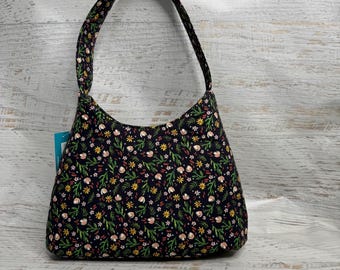 Daisies Floral - Black - Hobo Style Shoulder Bag